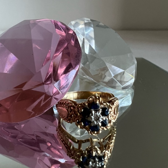 Vtg 10k yellow gold sapphire diamond Italian ring⭐️ - Picture 8 of 13